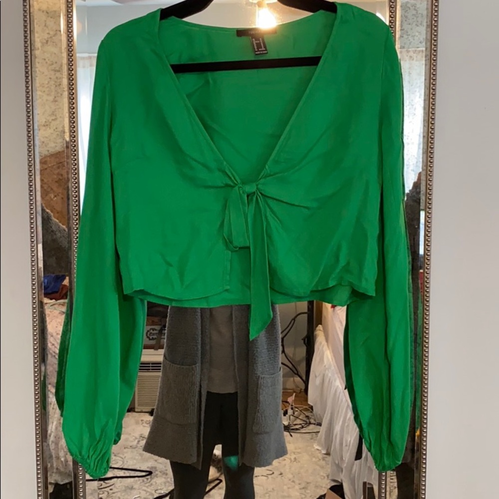 Emerald green cropped tie blouse